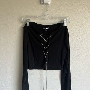 Black Long Sleeve Lace-Up Top